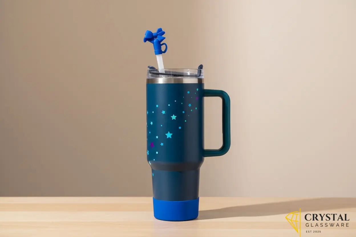 Insulated stainless steel travel tumbler features a matching straw topper and a convenient side handle